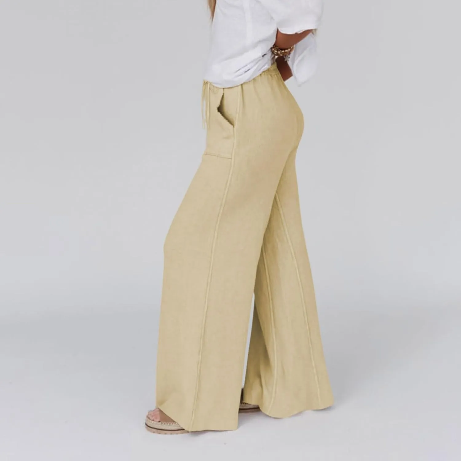 Linen Trousers Women Summer Cotton Palazzo Pants for Womens Dressy Pant Drawstring Woman