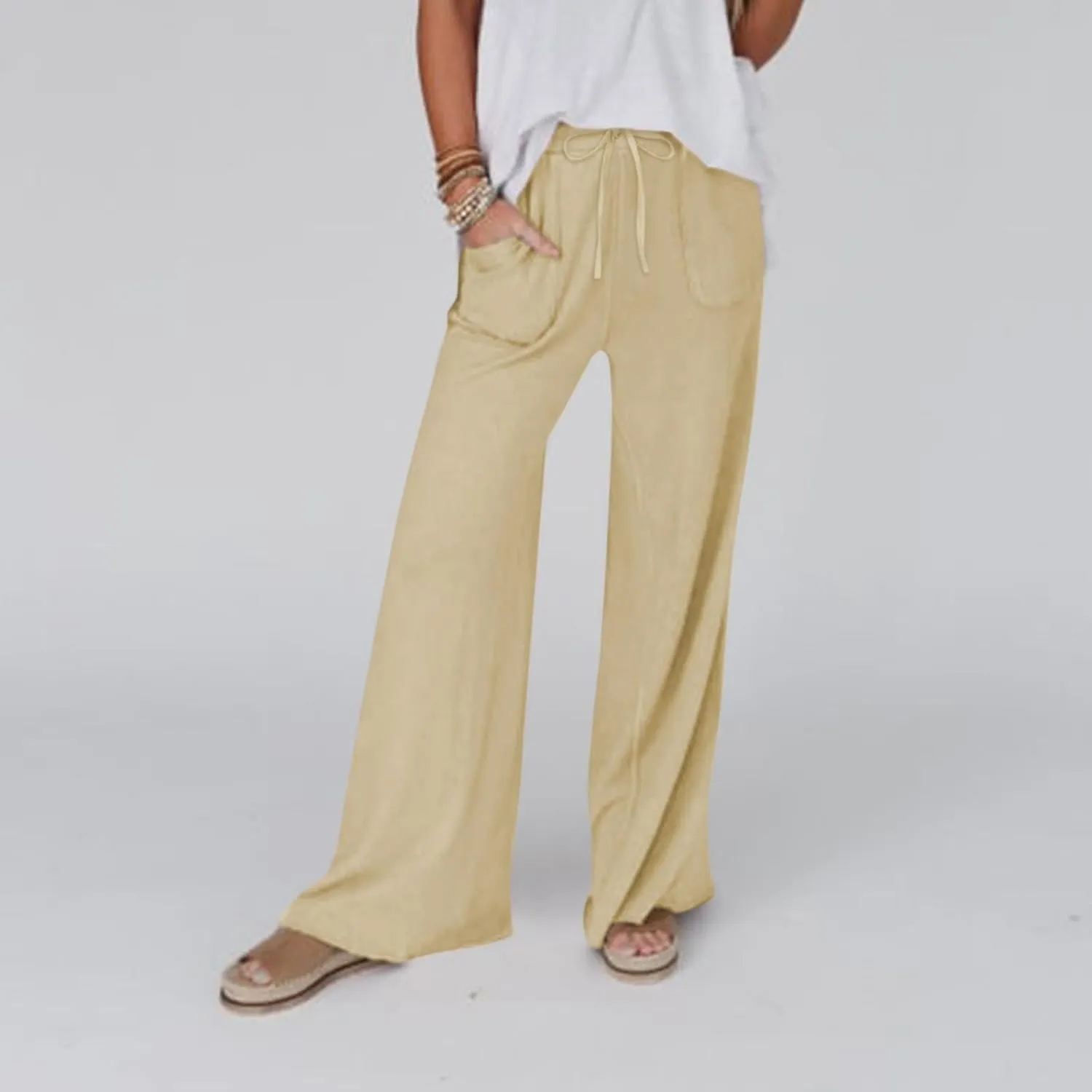 Linen Trousers Women Summer Cotton Palazzo Pants for Womens Dressy Pant Drawstring Woman