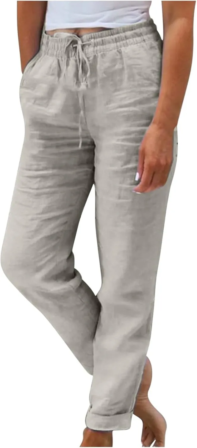 Lmdudan 2025 Cotton Linen Pants for Women Drawstring Elastic Waist Pants Wide Leg Sweatpants Summer Beach Pants Trousers