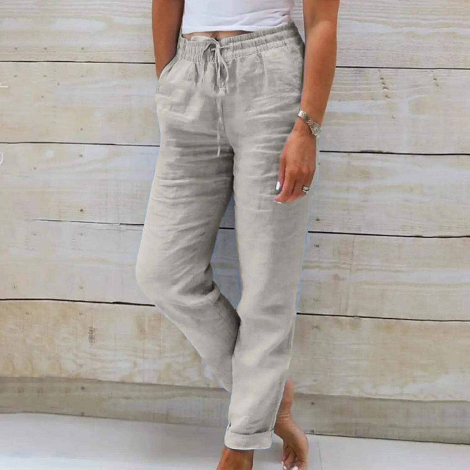 Lmdudan 2025 Cotton Linen Pants for Women Drawstring Elastic Waist Pants Wide Leg Sweatpants Summer Beach Pants Trousers