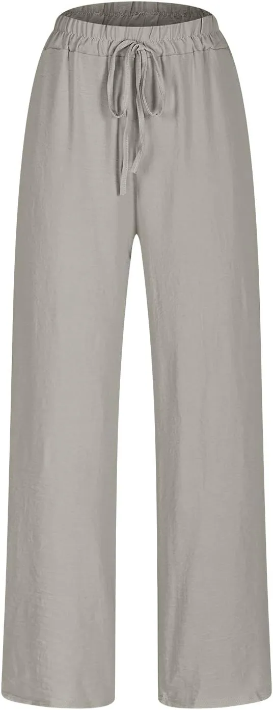 Lmdudan 2025 Cotton Linen Pants for Women Drawstring Elastic Waist Pants Wide Leg Sweatpants Summer Beach Pants Trousers