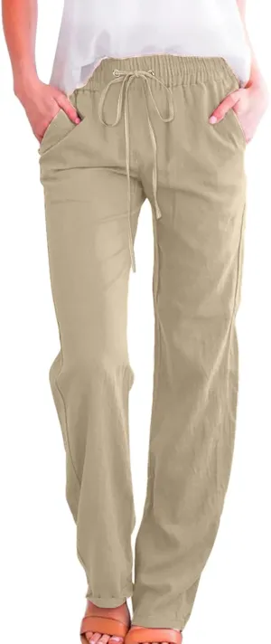 Long Linen Pants Women Summer Casual Pant 2024 Trendy 2024 Straight Leg Elastic Waisted Palazzo Trouser With Pocket