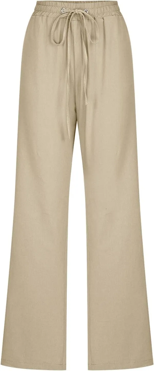 Long Linen Pants Women Summer Casual Pant 2024 Trendy 2024 Straight Leg Elastic Waisted Palazzo Trouser With Pocket