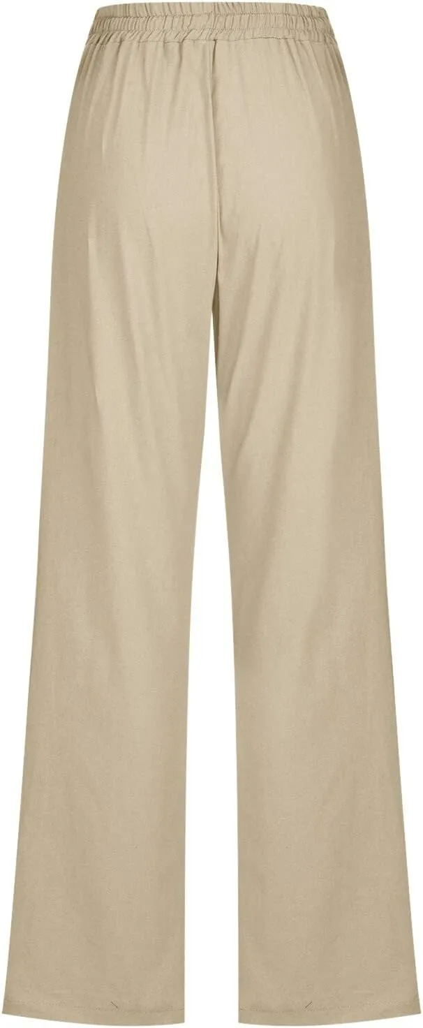 Long Linen Pants Women Summer Casual Pant 2024 Trendy 2024 Straight Leg Elastic Waisted Palazzo Trouser With Pocket