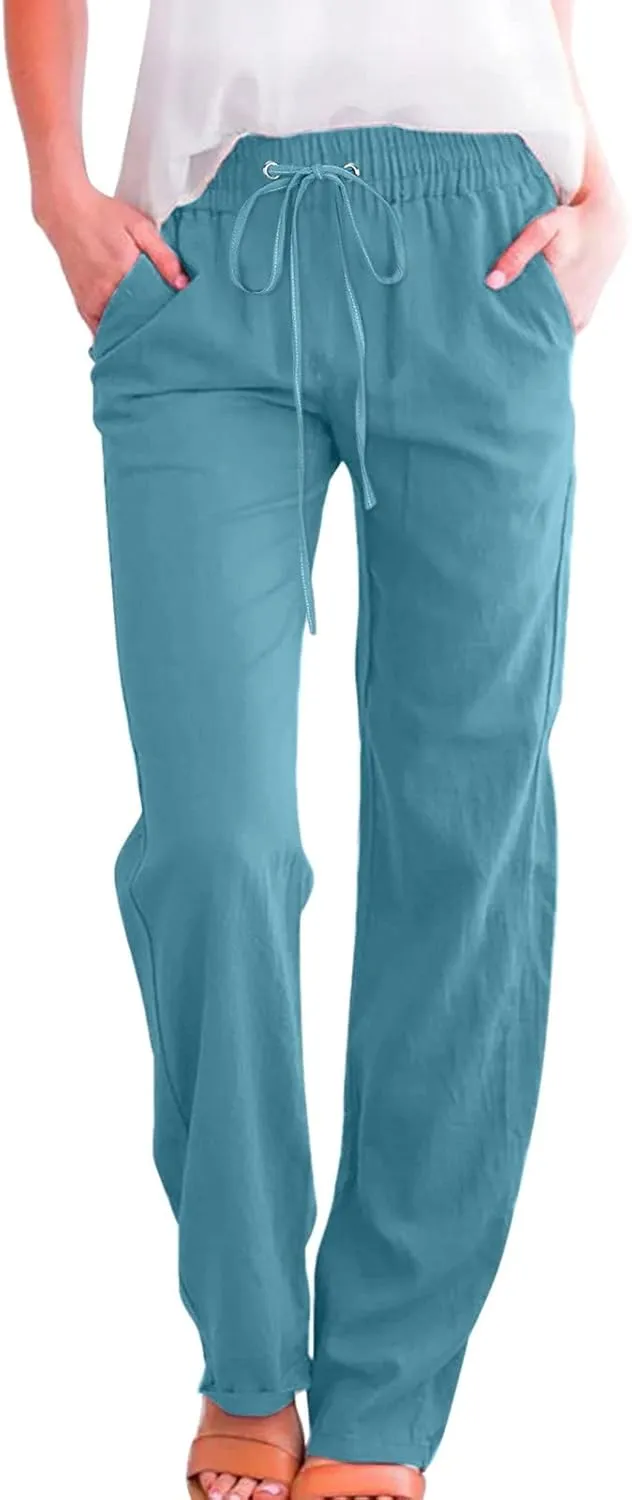Long Linen Pants Women Summer Casual Pant 2024 Trendy 2024 Straight Leg Elastic Waisted Palazzo Trouser With Pocket