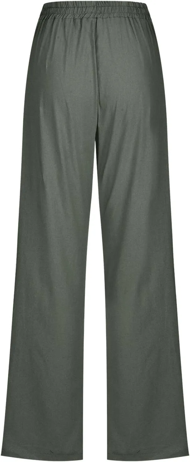 Long Linen Pants Women Summer Casual Pant 2024 Trendy 2024 Straight Leg Elastic Waisted Palazzo Trouser With Pocket