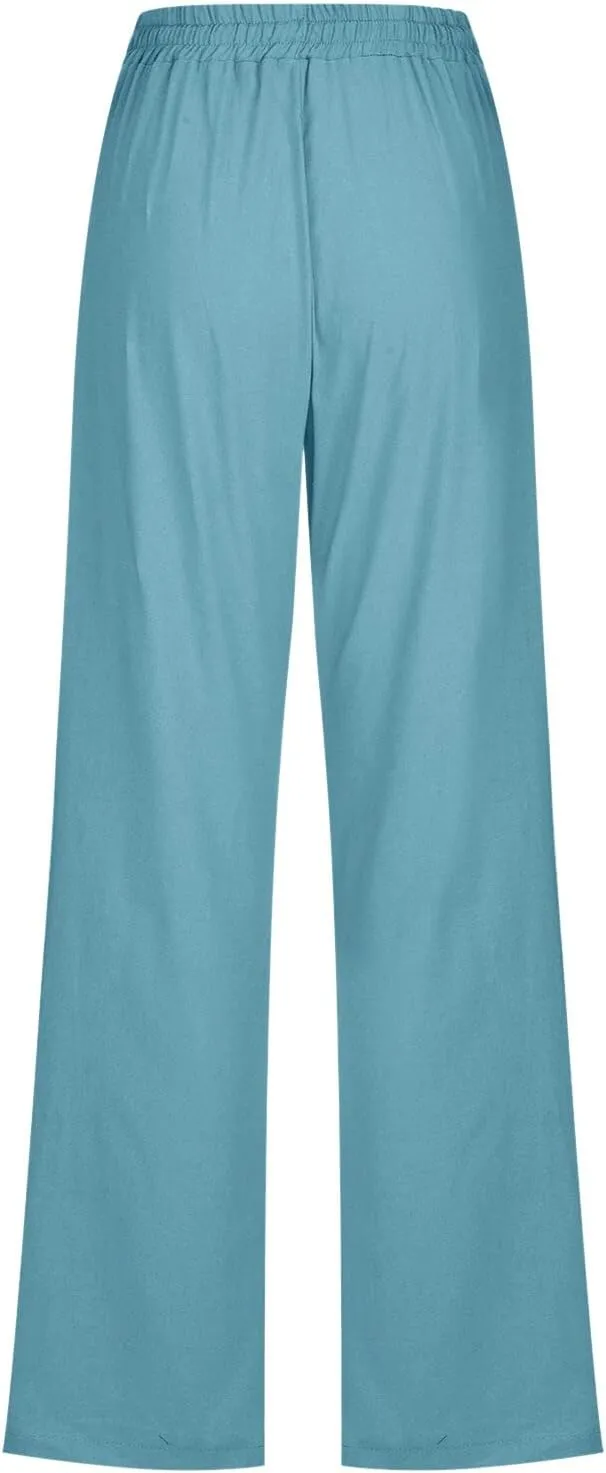 Long Linen Pants Women Summer Casual Pant 2024 Trendy 2024 Straight Leg Elastic Waisted Palazzo Trouser With Pocket