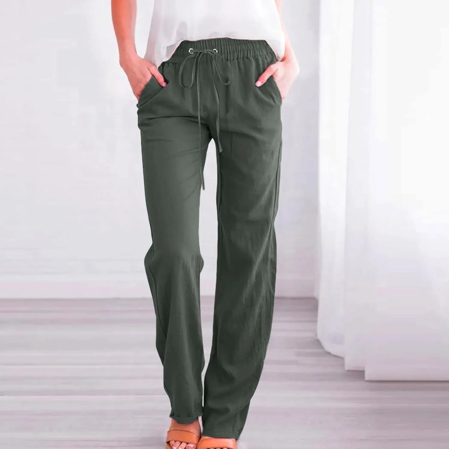 Long Linen Pants Women Summer Casual Pant 2024 Trendy 2024 Straight Leg Elastic Waisted Palazzo Trouser With Pocket