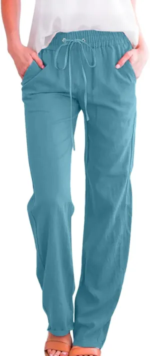 Long Linen Pants Women Summer Casual Pant 2024 Trendy 2024 Straight Leg Elastic Waisted Palazzo Trouser With Pocket