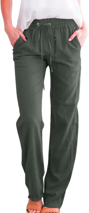 Long Linen Pants Women Summer Casual Pant 2024 Trendy 2024 Straight Leg Elastic Waisted Palazzo Trouser With Pocket
