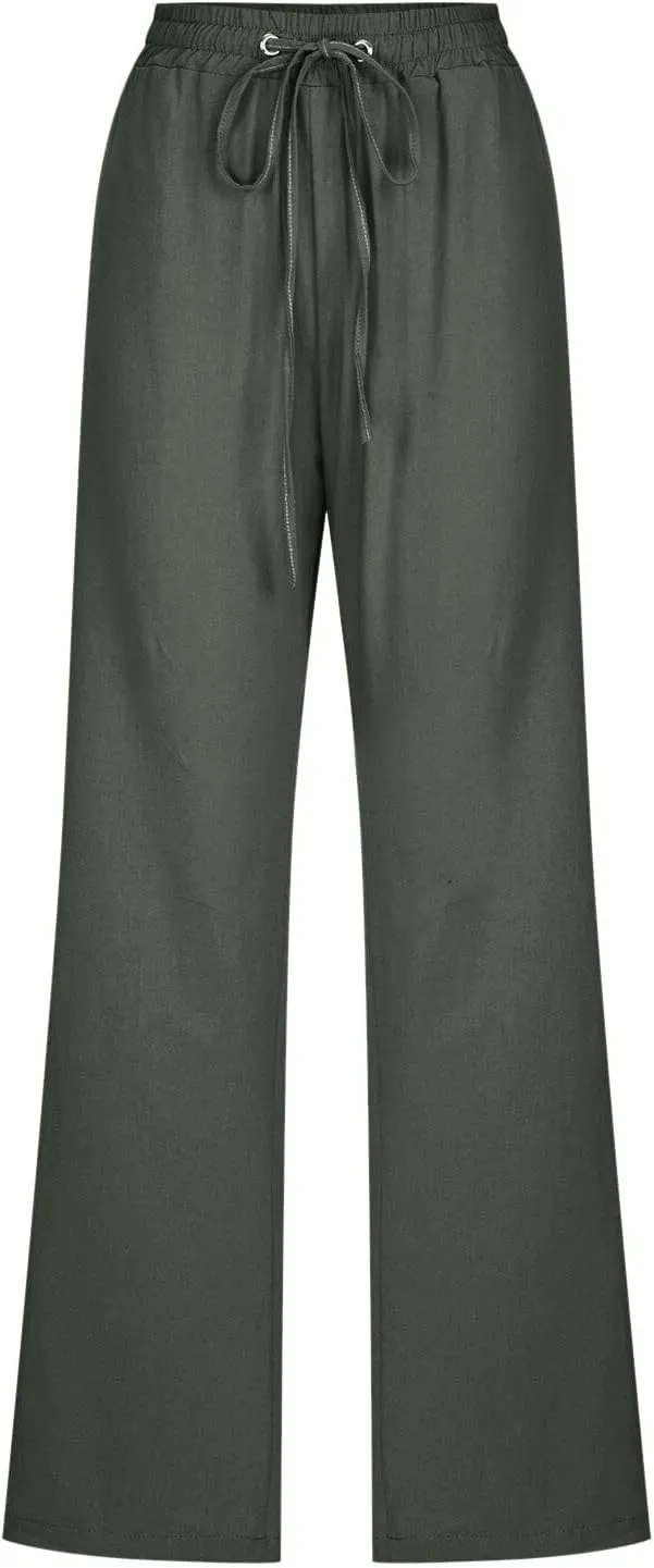 Long Linen Pants Women Summer Casual Pant 2024 Trendy 2024 Straight Leg Elastic Waisted Palazzo Trouser With Pocket