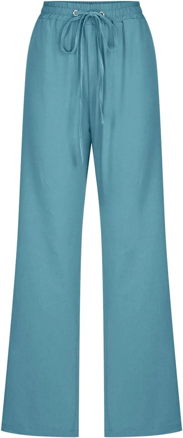 Long Linen Pants Women Summer Casual Pant 2024 Trendy 2024 Straight Leg Elastic Waisted Palazzo Trouser With Pocket