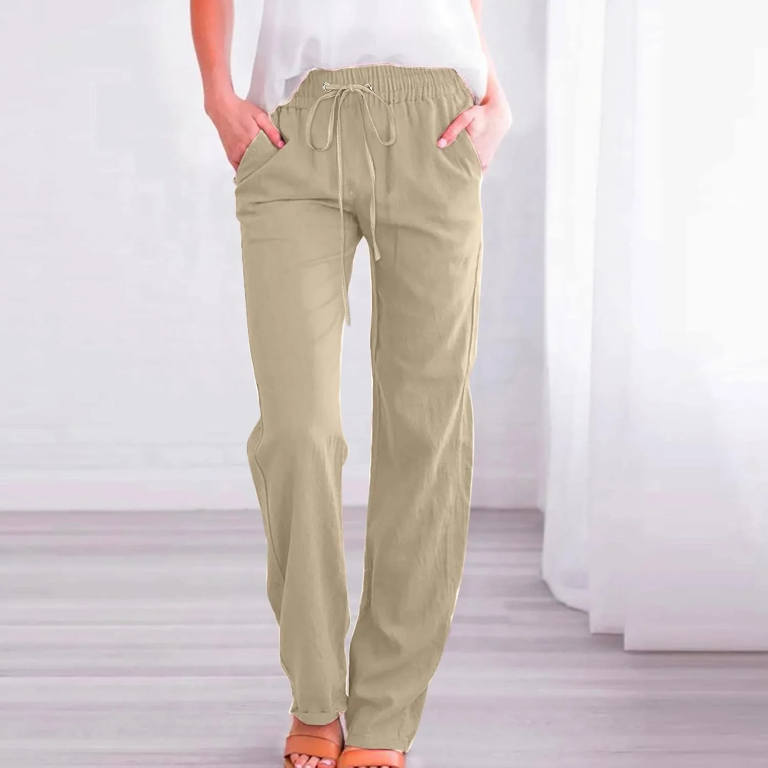 Long Linen Pants Women Summer Casual Pant 2024 Trendy 2024 Straight Leg Elastic Waisted Palazzo Trouser With Pocket