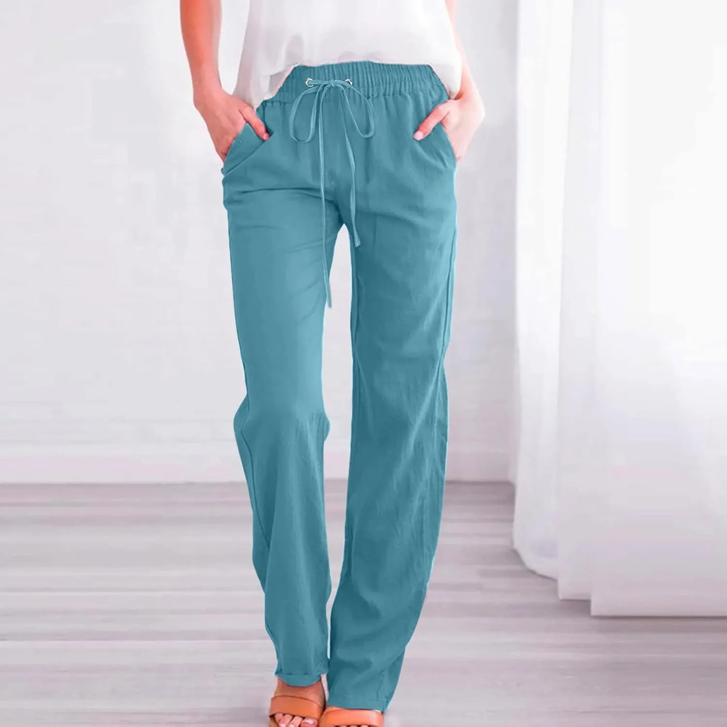 Long Linen Pants Women Summer Casual Pant 2024 Trendy 2024 Straight Leg Elastic Waisted Palazzo Trouser With Pocket
