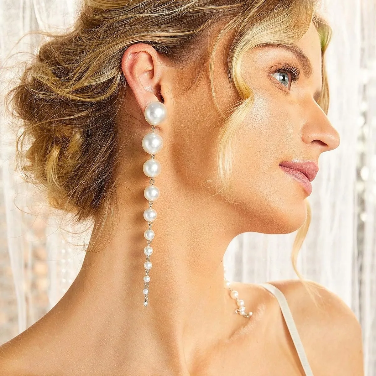 Long Pearl Earrings for Women Boho Gold Pearl Tassel Earrings for Women Bridal Wedding