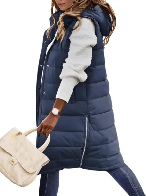 Long Puffer Vest Women Quilted Hooded Vest Zip Up Sleeveless Vests Outerwear Padded Jacket Warm Winter Coat 2025