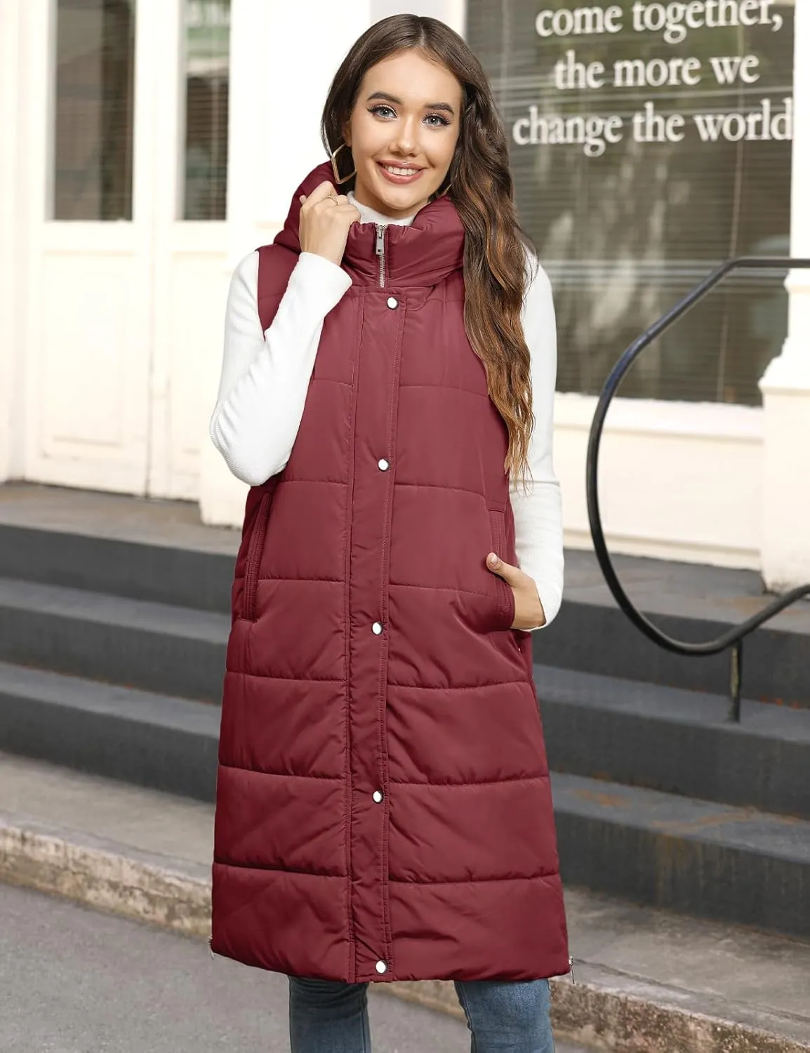 Long Puffer Vest Women Quilted Hooded Vest Zip Up Sleeveless Vests Outerwear Padded Jacket Warm Winter Coat 2025