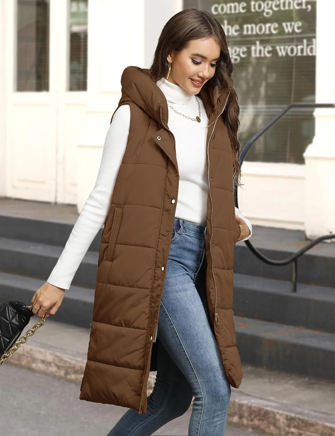 Long Puffer Vest Women Quilted Hooded Vest Zip Up Sleeveless Vests Outerwear Padded Jacket Warm Winter Coat 2025