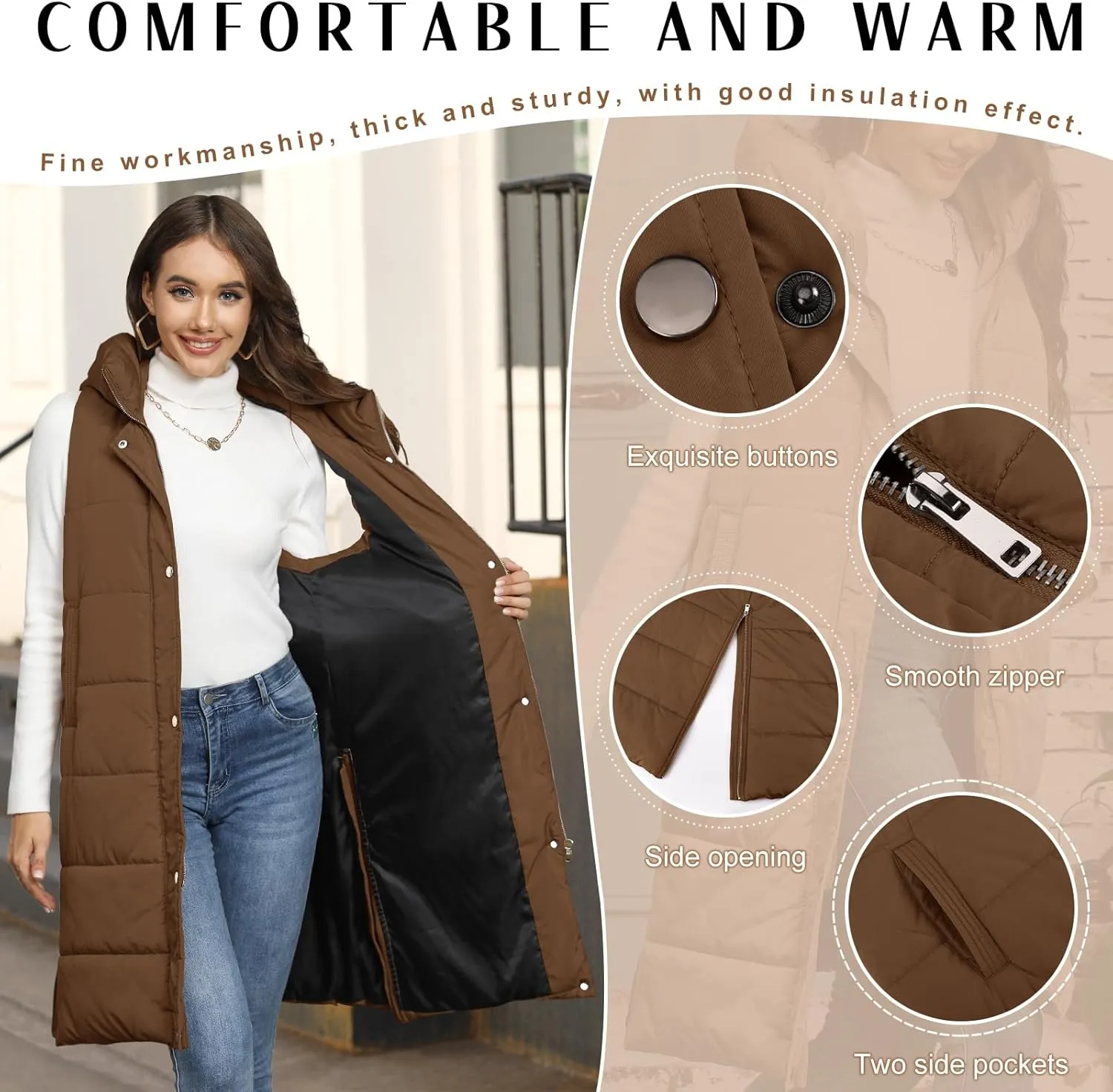 Long Puffer Vest Women Quilted Hooded Vest Zip Up Sleeveless Vests Outerwear Padded Jacket Warm Winter Coat 2025