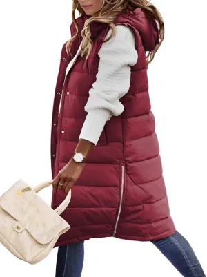 Long Puffer Vest Women Quilted Hooded Vest Zip Up Sleeveless Vests Outerwear Padded Jacket Warm Winter Coat 2025