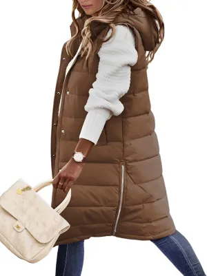 Long Puffer Vest Women Quilted Hooded Vest Zip Up Sleeveless Vests Outerwear Padded Jacket Warm Winter Coat 2025
