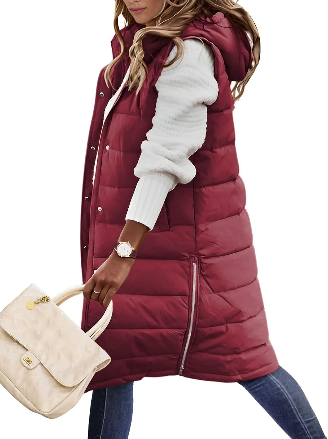 Long Puffer Vest Women Quilted Hooded Vest Zip Up Sleeveless Vests Outerwear Padded Jacket Warm Winter Coat 2025
