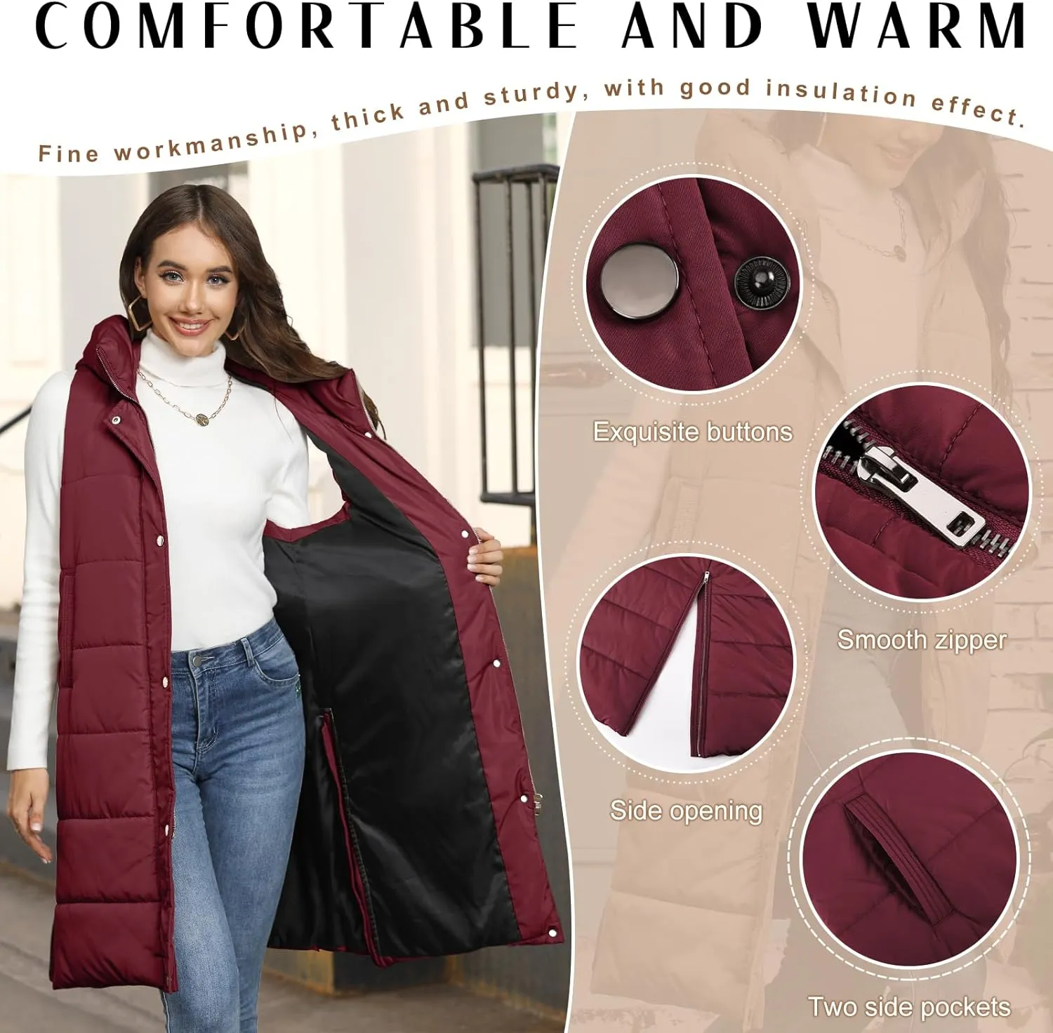 Long Puffer Vest Women Quilted Hooded Vest Zip Up Sleeveless Vests Outerwear Padded Jacket Warm Winter Coat 2025