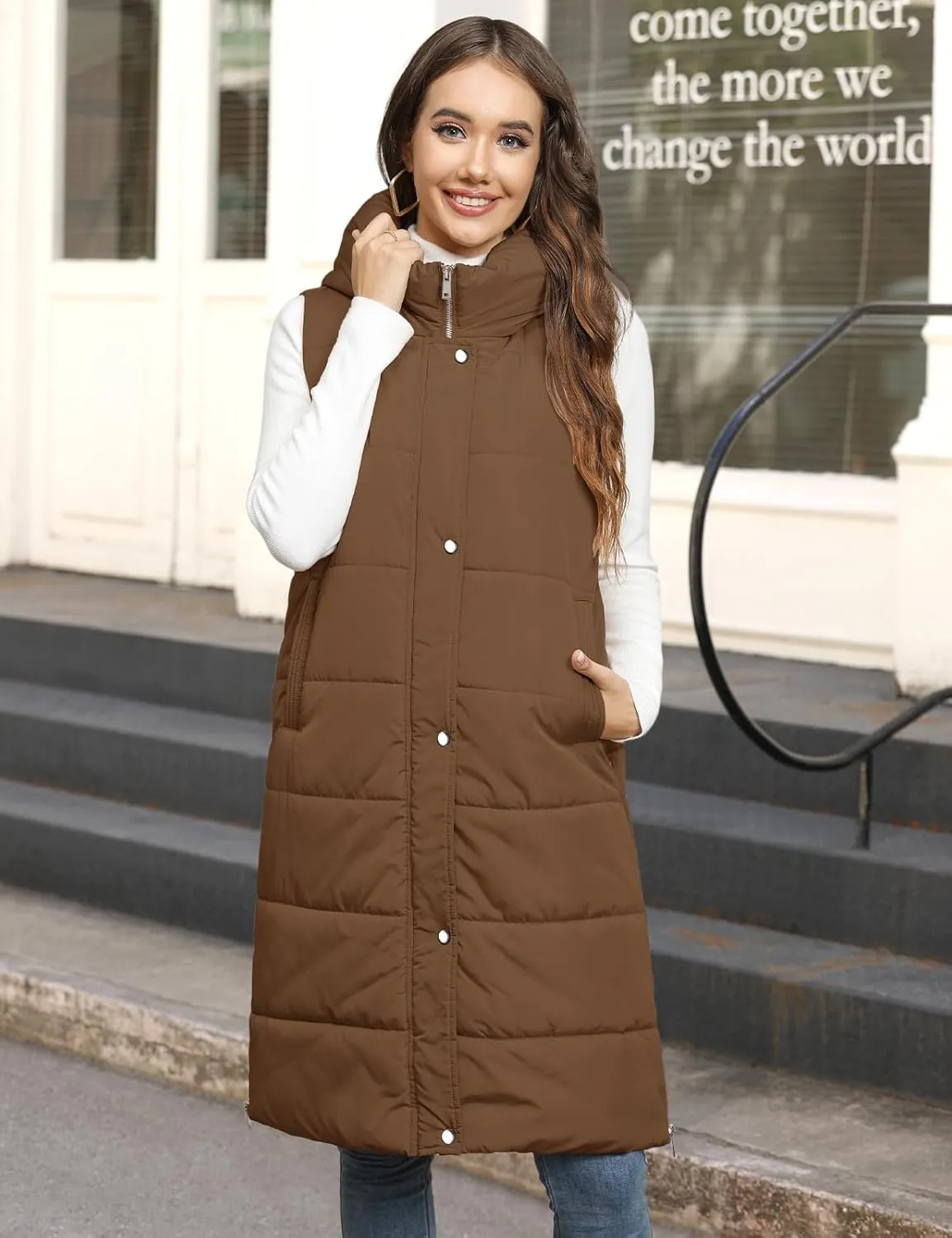 Long Puffer Vest Women Quilted Hooded Vest Zip Up Sleeveless Vests Outerwear Padded Jacket Warm Winter Coat 2025
