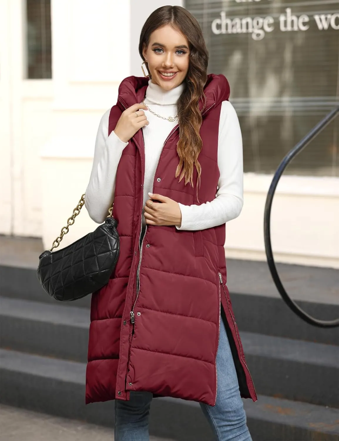 Long Puffer Vest Women Quilted Hooded Vest Zip Up Sleeveless Vests Outerwear Padded Jacket Warm Winter Coat 2025
