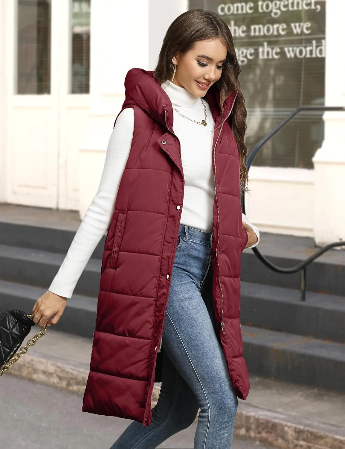 Long Puffer Vest Women Quilted Hooded Vest Zip Up Sleeveless Vests Outerwear Padded Jacket Warm Winter Coat 2025