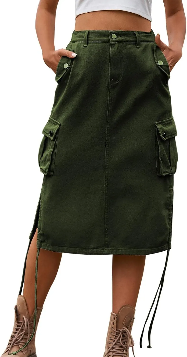 Long Skirt for Women Long Skirt with Slit for Women Autumn Retro Solid Midi Skirts with Pocket Drawstring Waist