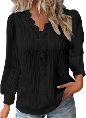 Long Sleeve Shirts for Women 2024 V Neck Lace Tops Business Casual Dressy Blouses Work Oversized Shirts Fall Clothes