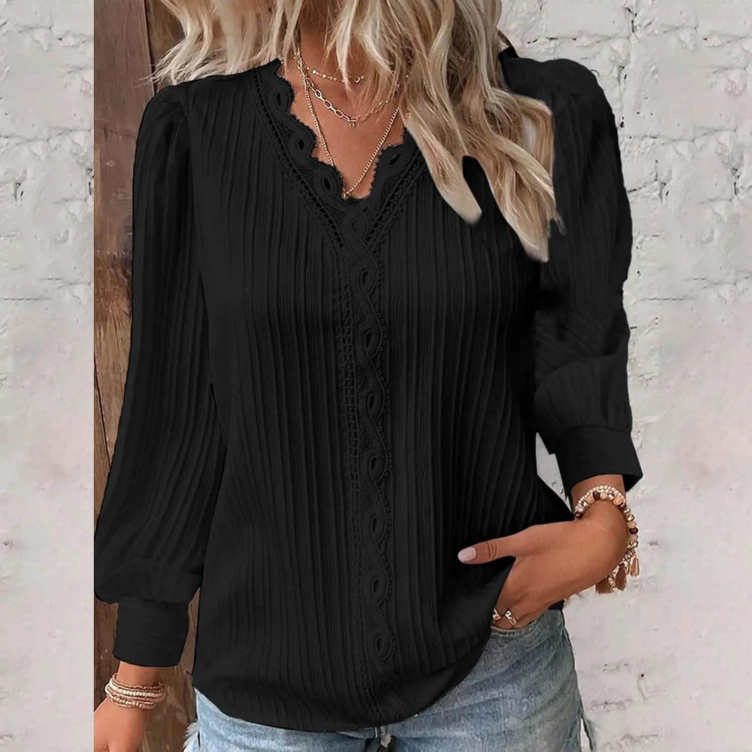 Long Sleeve Shirts for Women 2024 V Neck Lace Tops Business Casual Dressy Blouses Work Oversized Shirts Fall Clothes