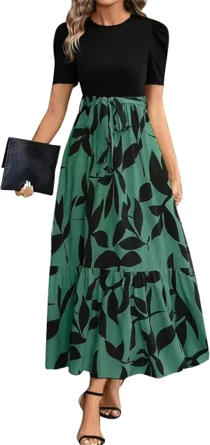 Long Summer Dresses for Women 2025 Cute Puff Sleeve Spring Floral Dresses Patchwork a Line Boho Maxi Dress with Belt