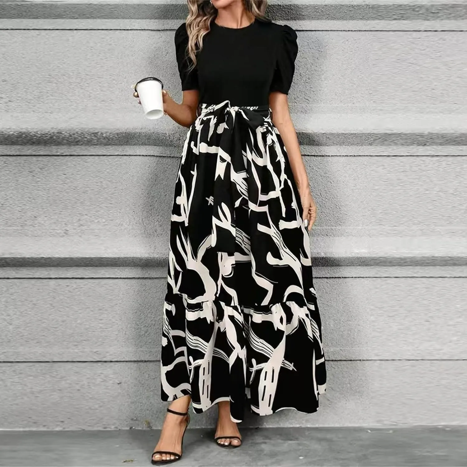 Long Summer Dresses for Women 2025 Cute Puff Sleeve Spring Floral Dresses Patchwork a Line Boho Maxi Dress with Belt