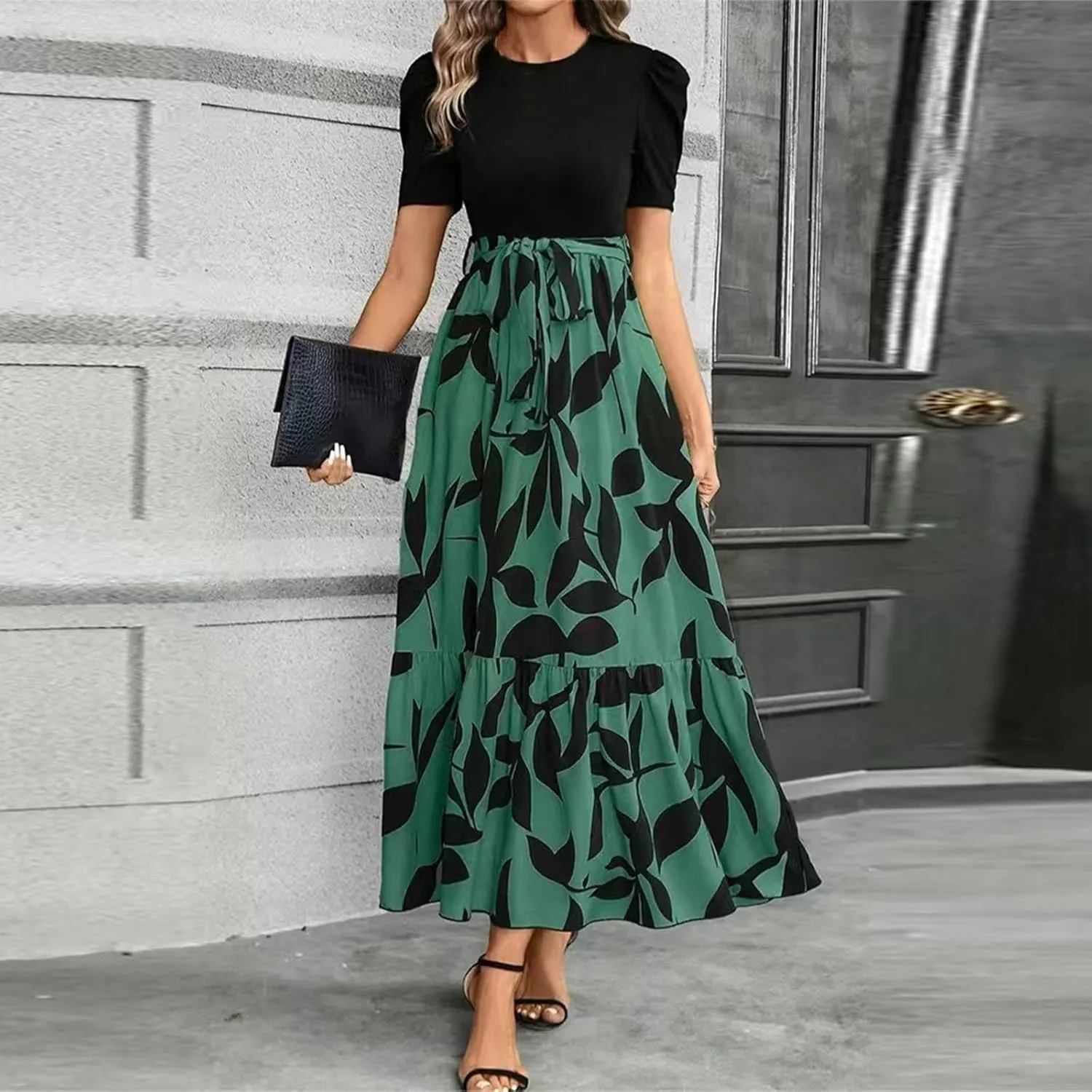 Long Summer Dresses for Women 2025 Cute Puff Sleeve Spring Floral Dresses Patchwork a Line Boho Maxi Dress with Belt