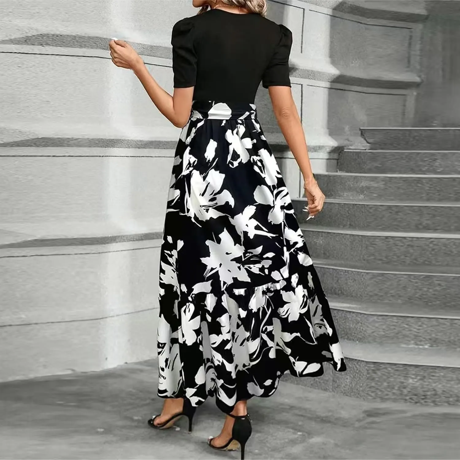 Long Summer Dresses for Women 2025 Cute Puff Sleeve Spring Floral Dresses Patchwork a Line Boho Maxi Dress with Belt