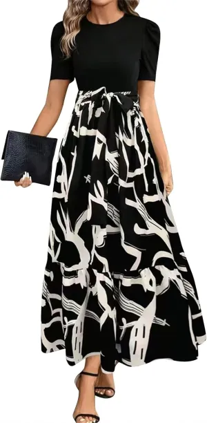 Long Summer Dresses for Women 2025 Cute Puff Sleeve Spring Floral Dresses Patchwork a Line Boho Maxi Dress with Belt