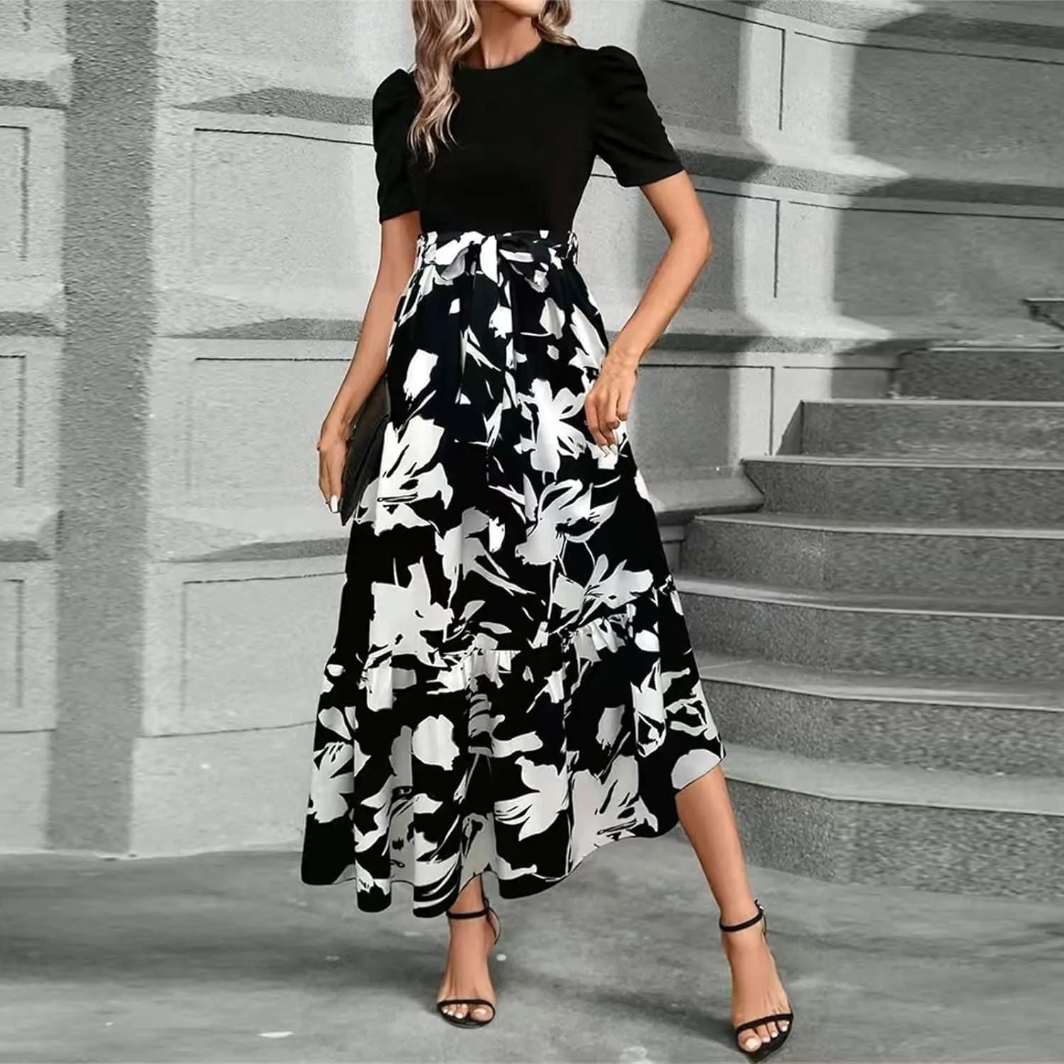 Long Summer Dresses for Women 2025 Cute Puff Sleeve Spring Floral Dresses Patchwork a Line Boho Maxi Dress with Belt