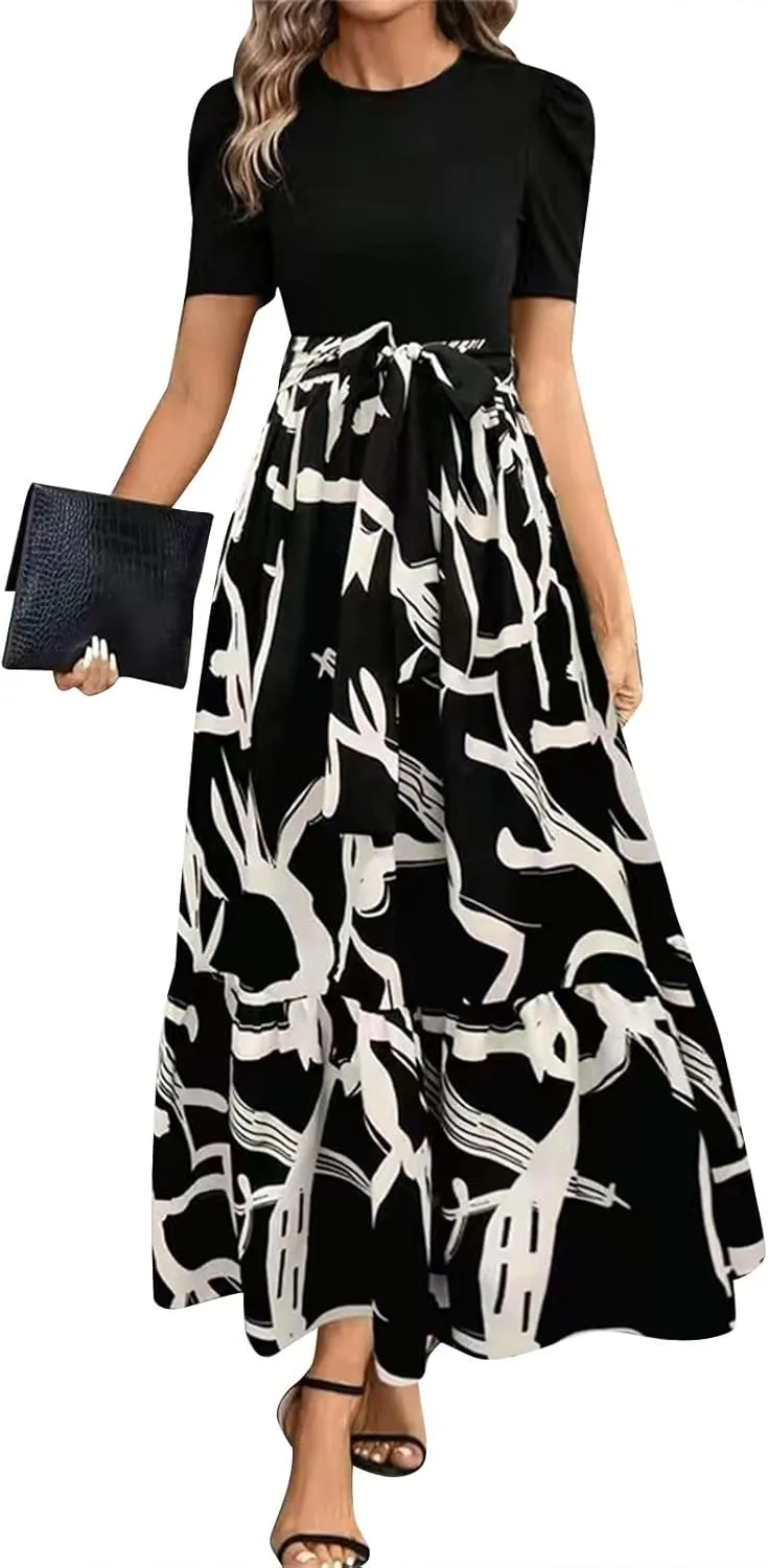 Long Summer Dresses for Women 2025 Cute Puff Sleeve Spring Floral Dresses Patchwork a Line Boho Maxi Dress with Belt