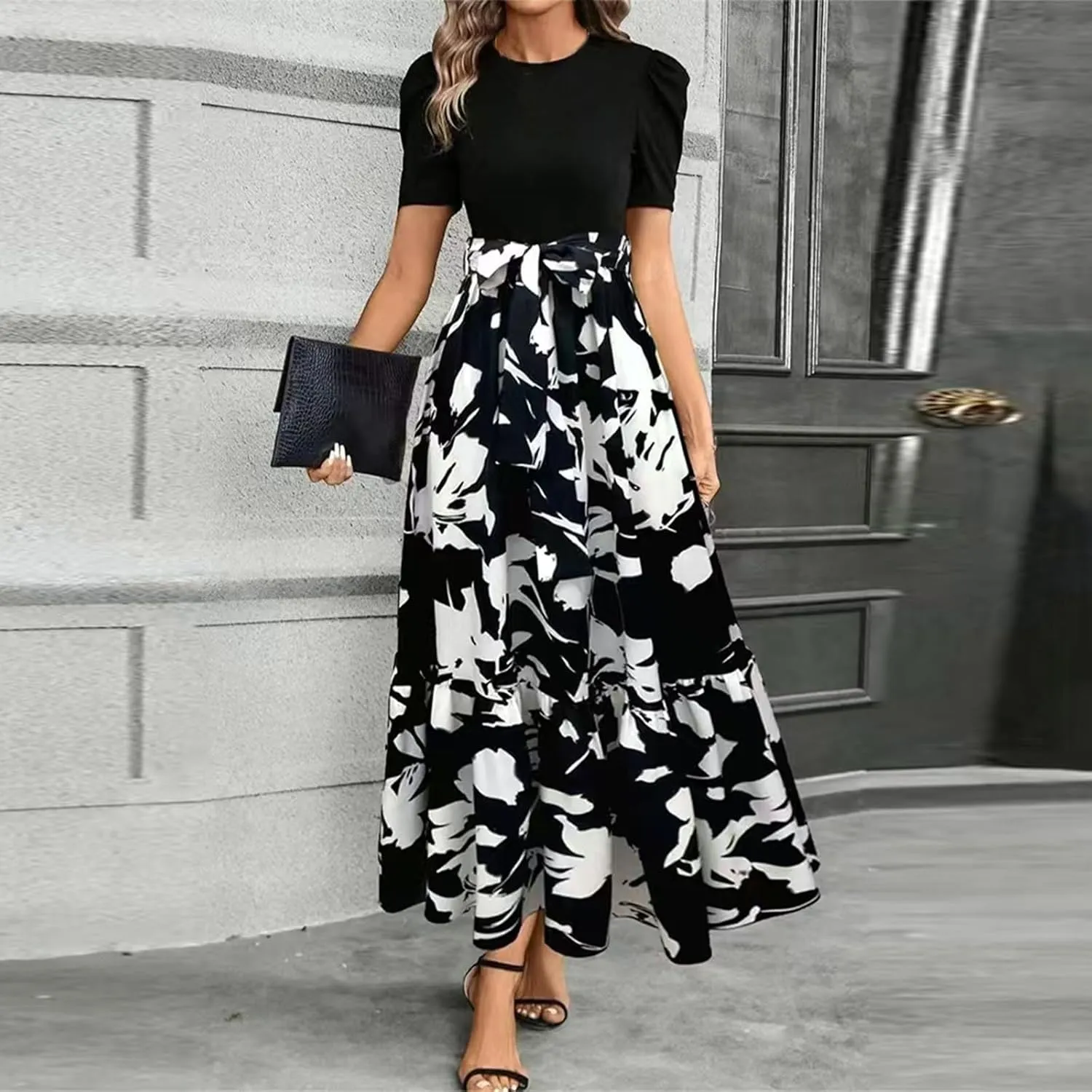 Long Summer Dresses for Women 2025 Cute Puff Sleeve Spring Floral Dresses Patchwork a Line Boho Maxi Dress with Belt