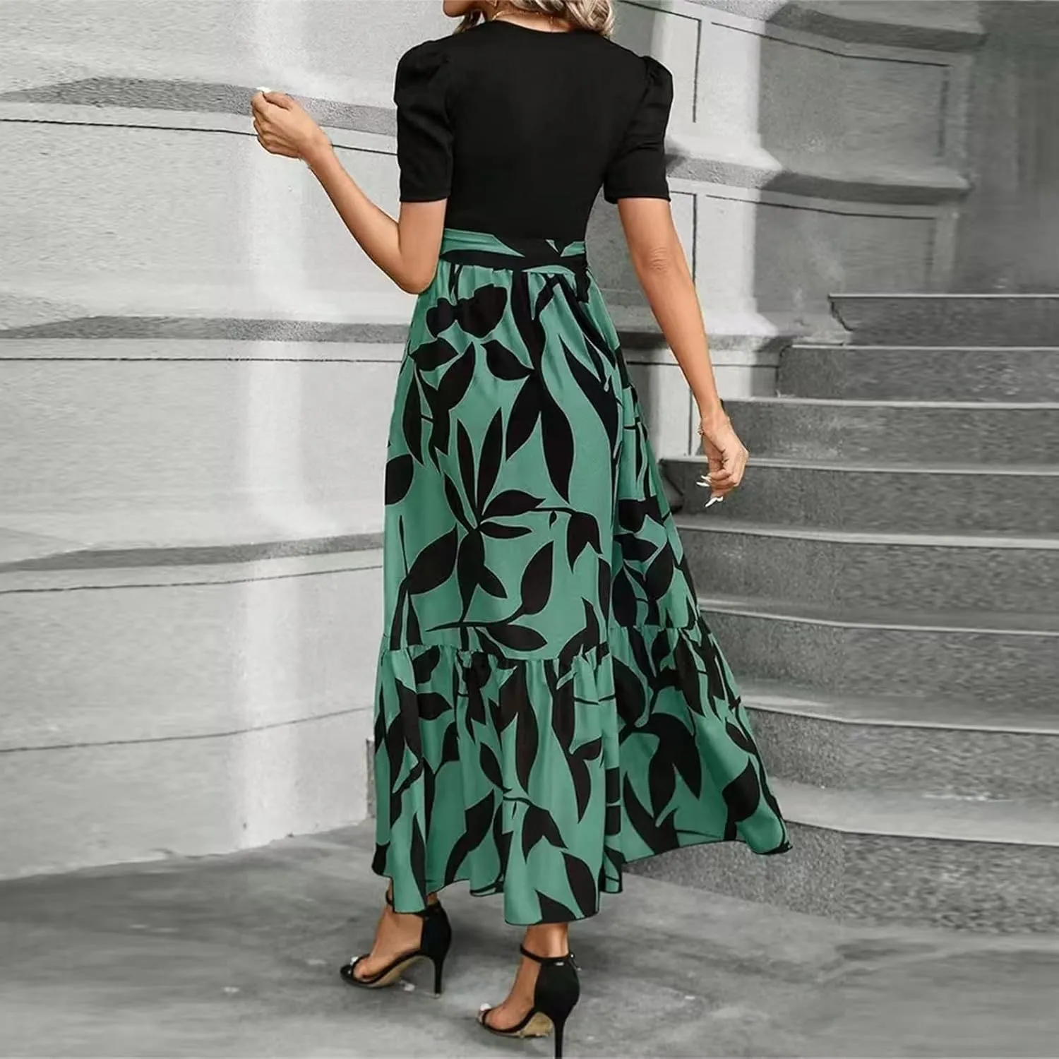 Long Summer Dresses for Women 2025 Cute Puff Sleeve Spring Floral Dresses Patchwork a Line Boho Maxi Dress with Belt