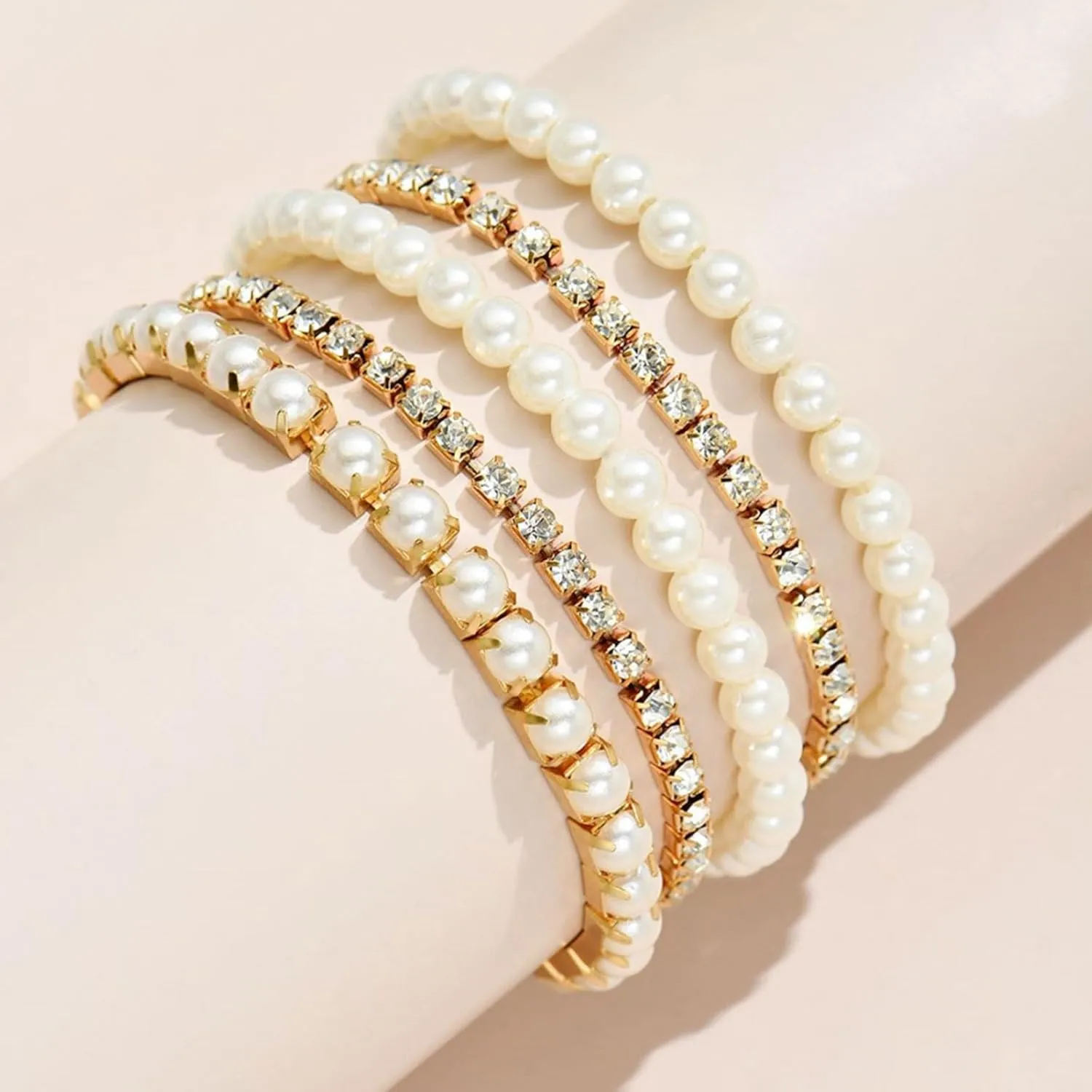 Long tiantian Pearl Bracelets for Women Pearl Jewelry Crystal Rhinestone Bangle Bracelets for Women Beaded Stretch Strand Stackable Bracelets Wedding Jewelry for Brides