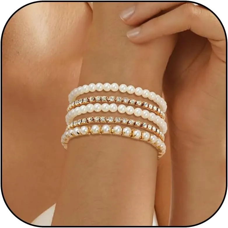 Long tiantian Pearl Bracelets for Women Pearl Jewelry Crystal Rhinestone Bangle Bracelets for Women Beaded Stretch Strand Stackable Bracelets Wedding Jewelry for Brides
