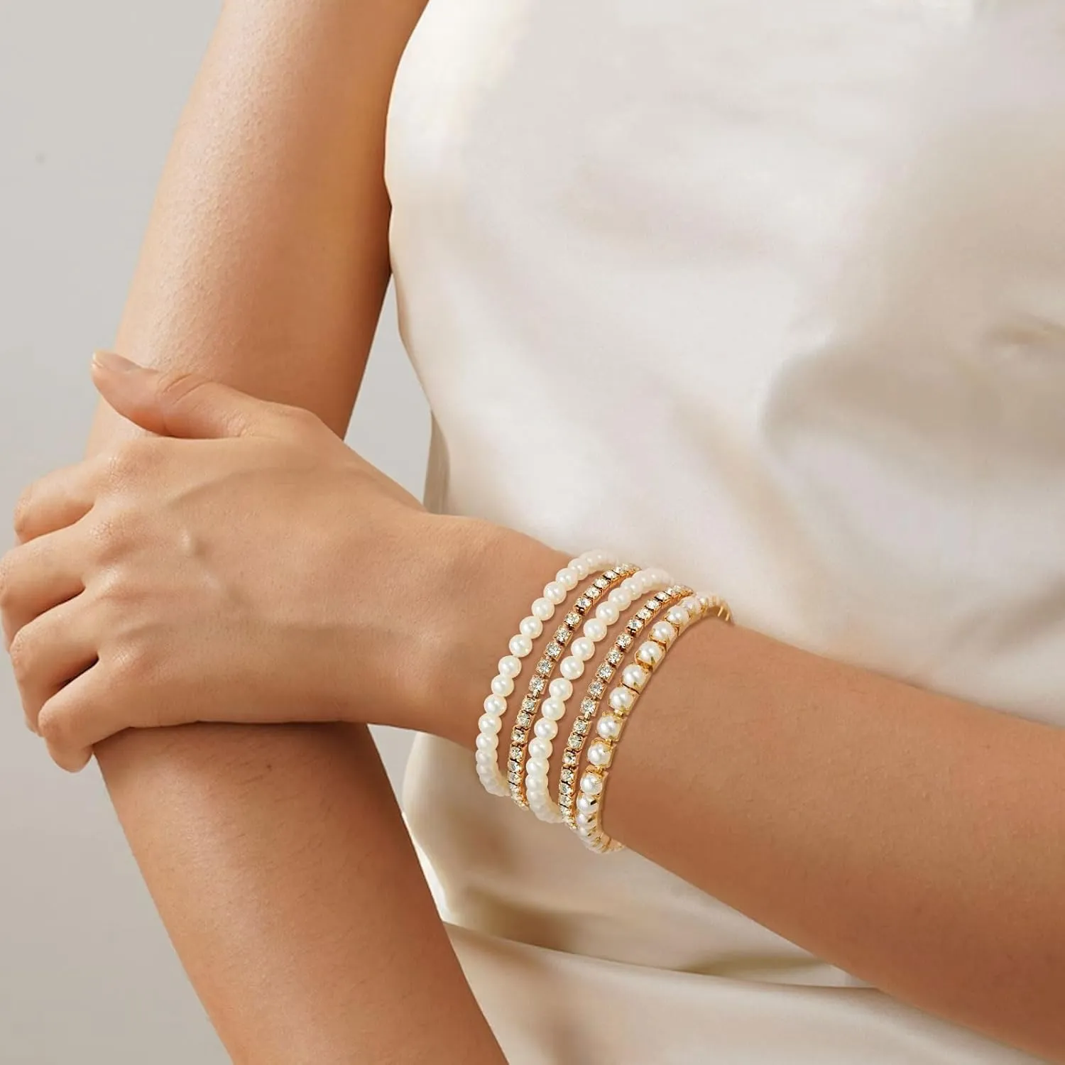 Long tiantian Pearl Bracelets for Women Pearl Jewelry Crystal Rhinestone Bangle Bracelets for Women Beaded Stretch Strand Stackable Bracelets Wedding Jewelry for Brides