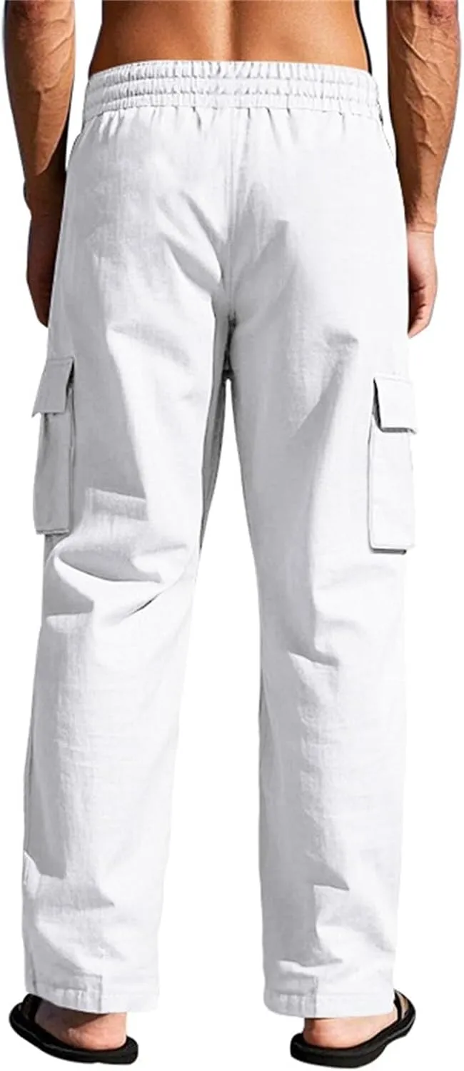 Lounge Pants Men Linen Breathable Lightweight Pant Loose Fit Cargo Trousers Wide Leg Elastic Waist with Pockets