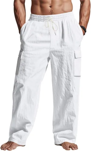 Lounge Pants Men Linen Breathable Lightweight Pant Loose Fit Cargo Trousers Wide Leg Elastic Waist with Pockets