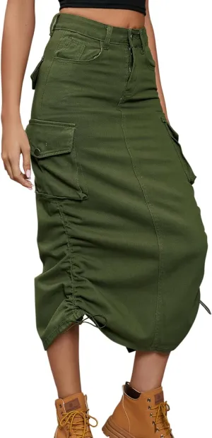 Lucrosun Women's Long Cargo Skirt Skinny High Waisted Denim Jean Midi Skirt