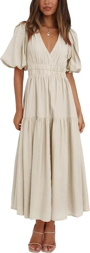 Lucrosun Women's Summer V Neck Short Puff Sleeve A Line Tiered Midi Dress
