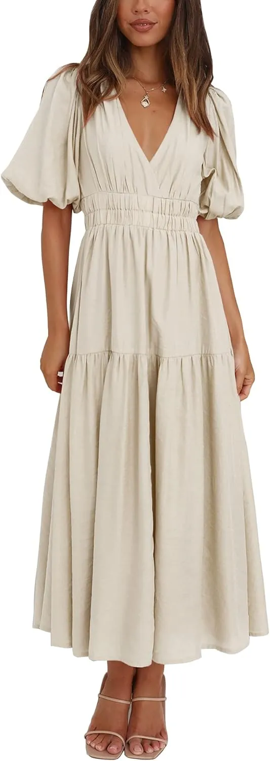 Lucrosun Women's Summer V Neck Short Puff Sleeve A Line Tiered Midi Dress